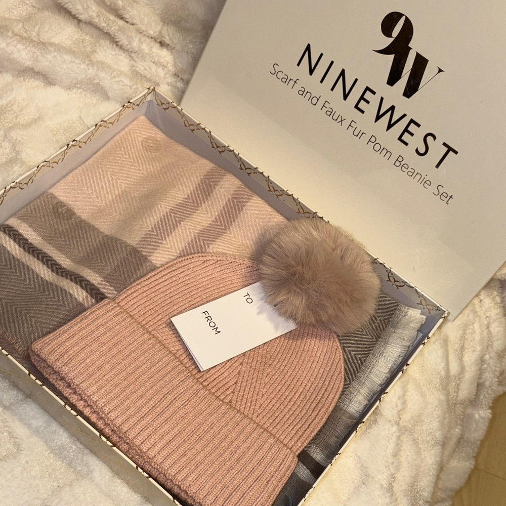 Nine West Pink Beanie and Brown Scarf Set